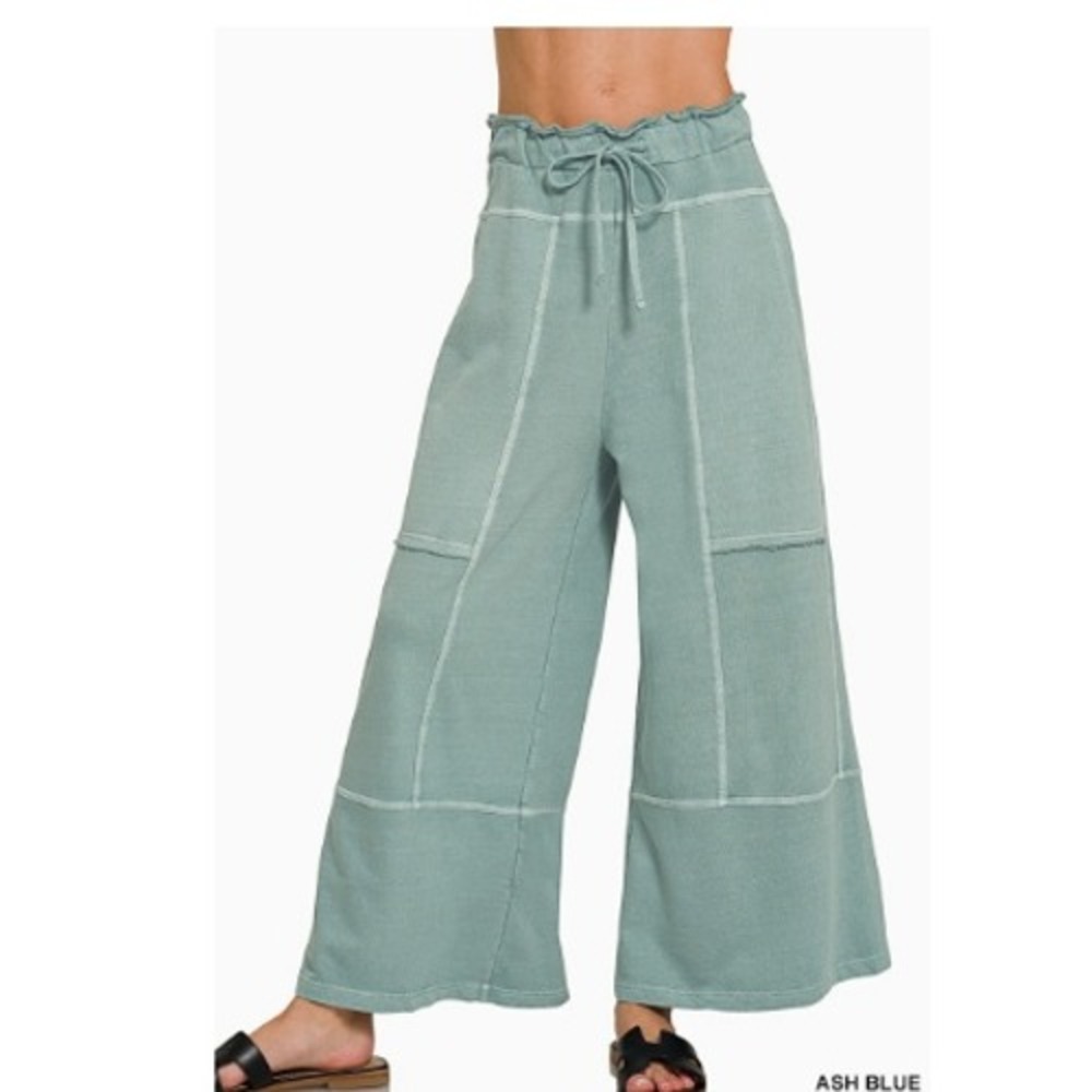 NWT ZENANA Boho Ash Blue Washed French Terry Wide Leg Pant 100% Cotton S Coastal